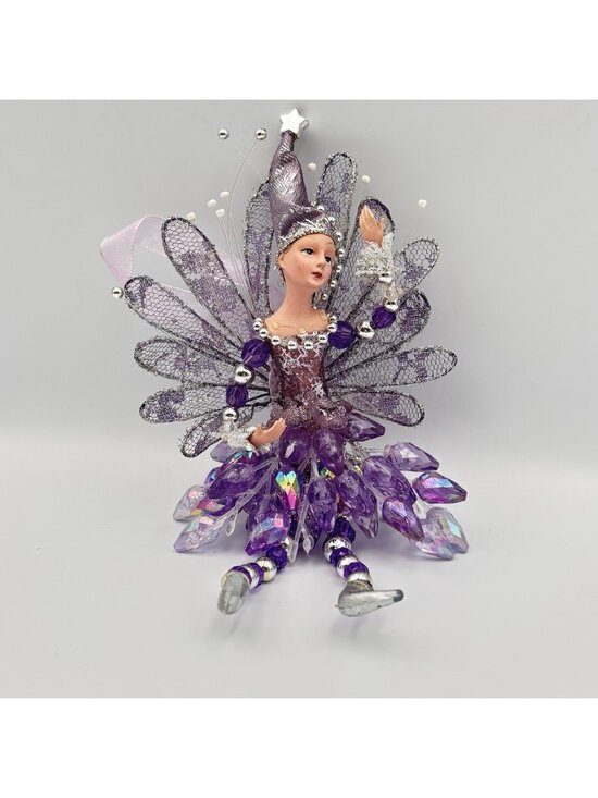 Unbranded Other - Vintage Purple Pixie Fairy Christmas Tree Ornament Hanging Beaded Shiny 8” Girl